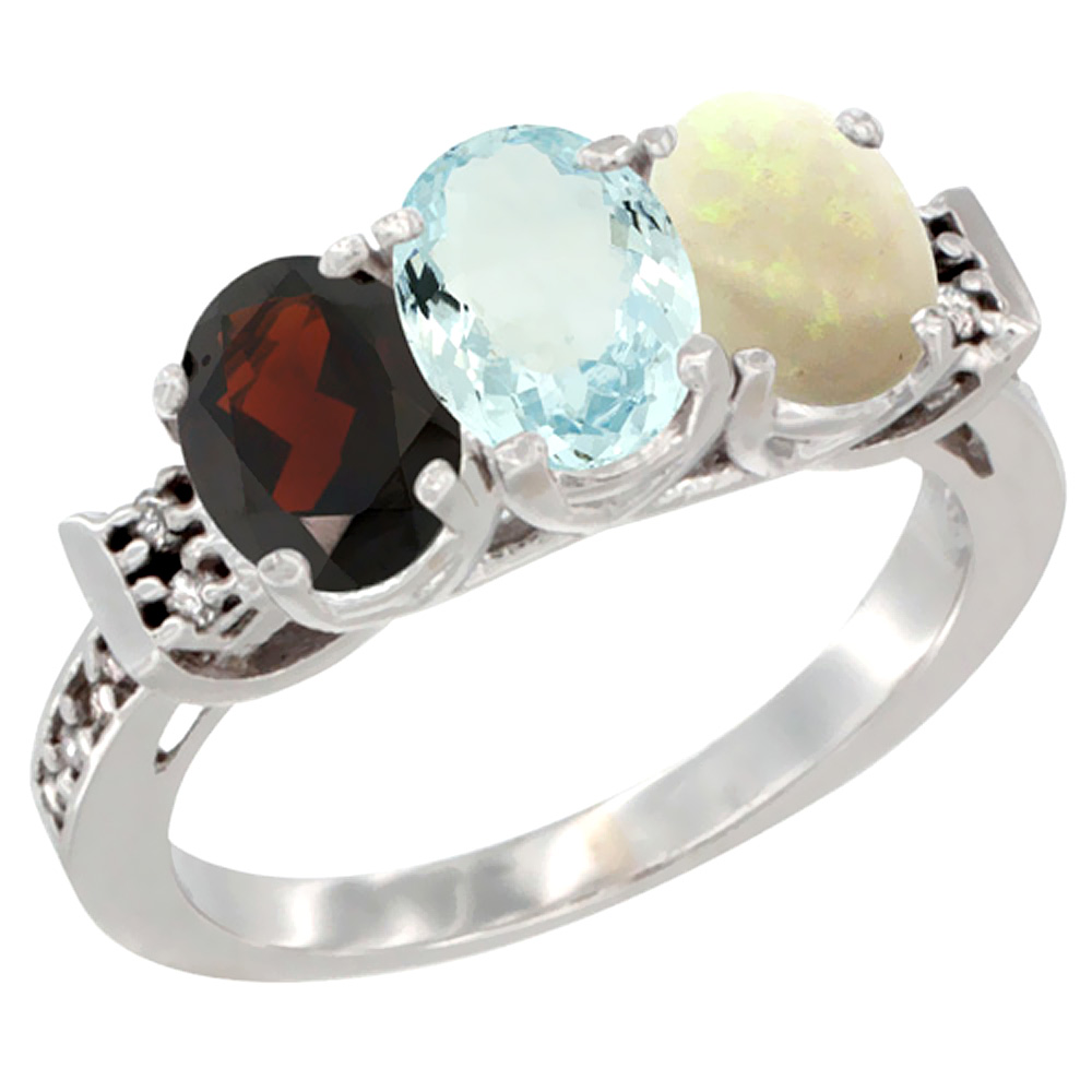 14K White Gold Natural Garnet, Aquamarine & Opal Ring 3-Stone 7x5 mm Oval Diamond Accent, sizes 5 - 10