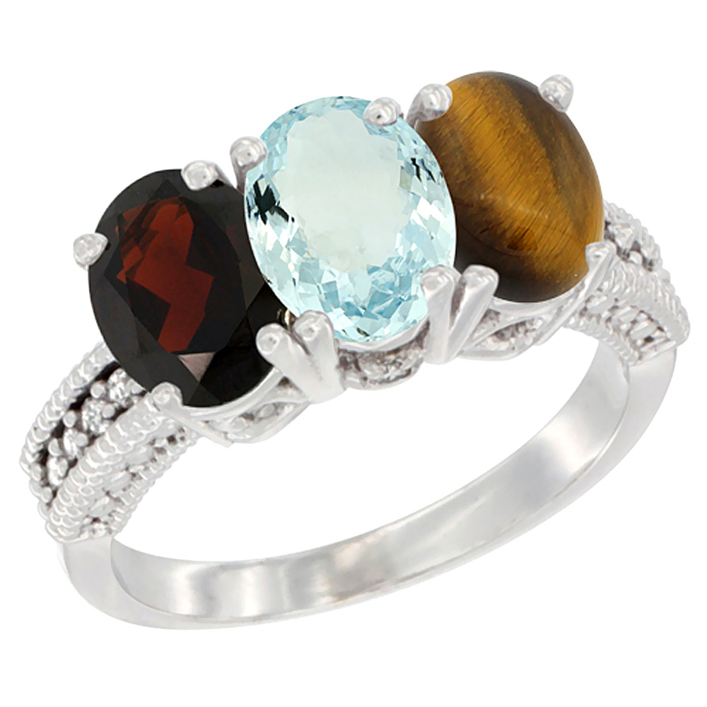 14K White Gold Natural Garnet, Aquamarine &amp; Tiger Eye Ring 3-Stone 7x5 mm Oval Diamond Accent, sizes 5 - 10