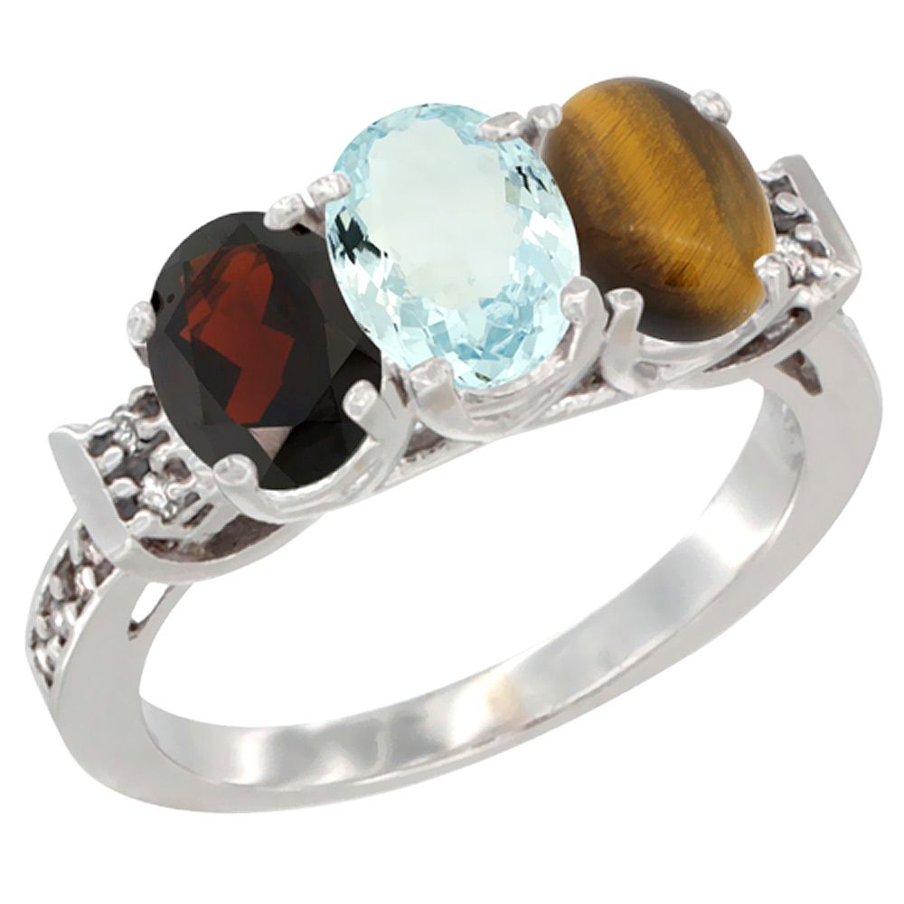 14K White Gold Natural Garnet, Aquamarine & Tiger Eye Ring 3-Stone 7x5 mm Oval Diamond Accent, sizes 5 - 10