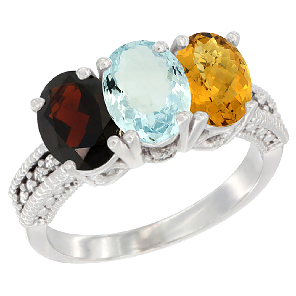 14K White Gold Natural Garnet, Aquamarine &amp; Whisky Quartz Ring 3-Stone 7x5 mm Oval Diamond Accent, sizes 5 - 10