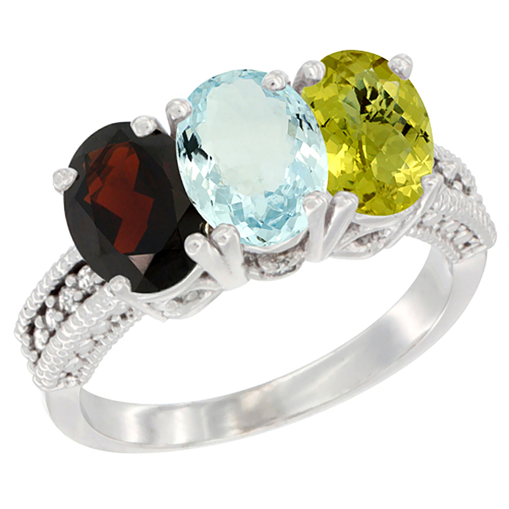 14K White Gold Natural Garnet, Aquamarine & Lemon Quartz Ring 3-Stone 7x5 mm Oval Diamond Accent, sizes 5 - 10