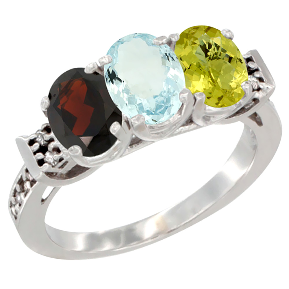 14K White Gold Natural Garnet, Aquamarine &amp; Lemon Quartz Ring 3-Stone 7x5 mm Oval Diamond Accent, sizes 5 - 10