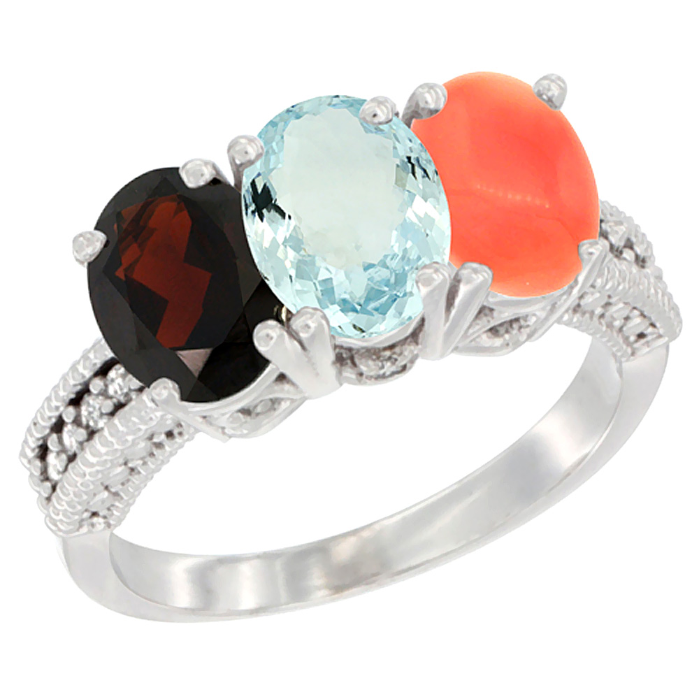 10K White Gold Natural Garnet, Aquamarine &amp; Coral Ring 3-Stone Oval 7x5 mm Diamond Accent, sizes 5 - 10