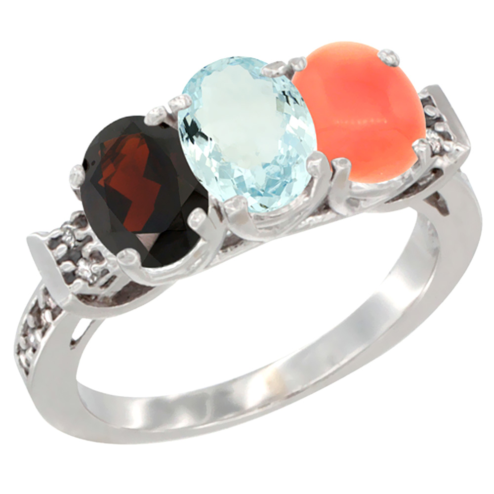 14K White Gold Natural Garnet, Aquamarine & Coral Ring 3-Stone 7x5 mm Oval Diamond Accent, sizes 5 - 10