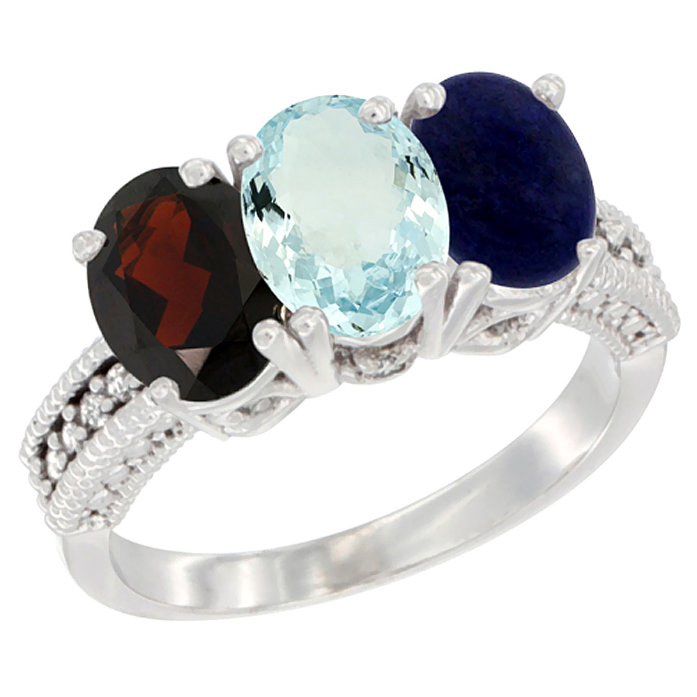 14K White Gold Natural Garnet, Aquamarine & Lapis Ring 3-Stone 7x5 mm Oval Diamond Accent, sizes 5 - 10