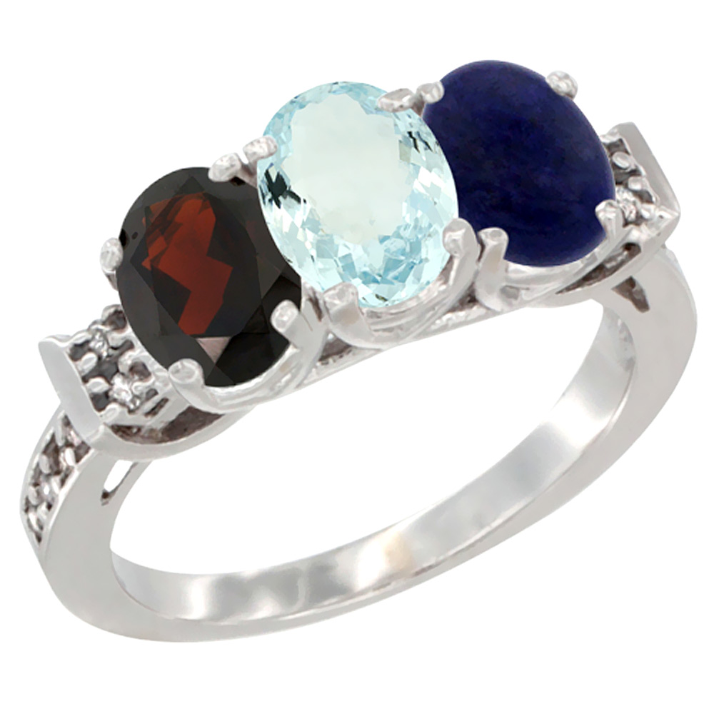 10K White Gold Natural Garnet, Aquamarine & Lapis Ring 3-Stone Oval 7x5 mm Diamond Accent, sizes 5 - 10