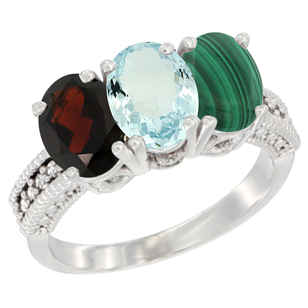 14K White Gold Natural Garnet, Aquamarine & Malachite Ring 3-Stone 7x5 mm Oval Diamond Accent, sizes 5 - 10