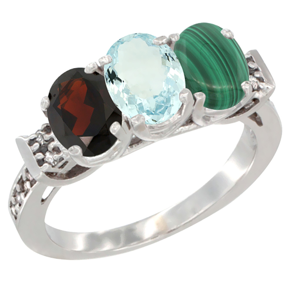 14K White Gold Natural Garnet, Aquamarine & Malachite Ring 3-Stone 7x5 mm Oval Diamond Accent, sizes 5 - 10