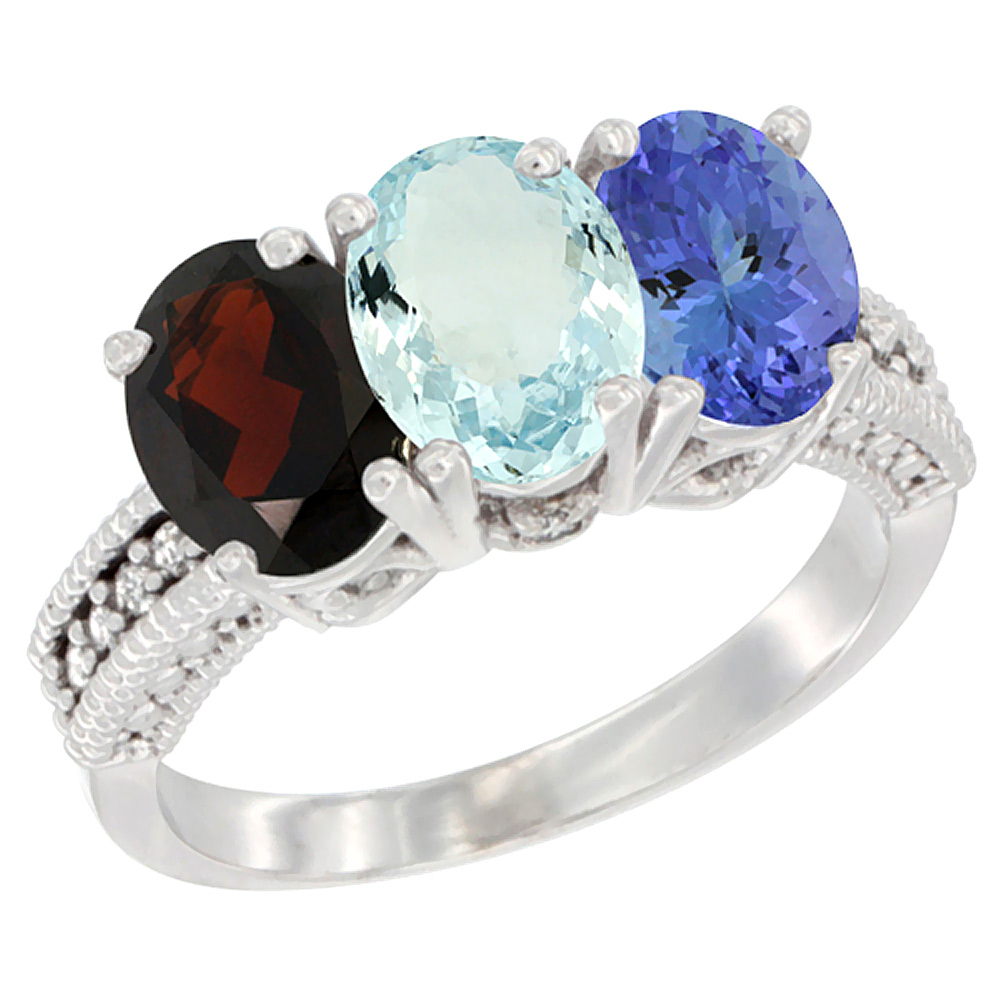 14K White Gold Natural Garnet, Aquamarine &amp; Tanzanite Ring 3-Stone 7x5 mm Oval Diamond Accent, sizes 5 - 10