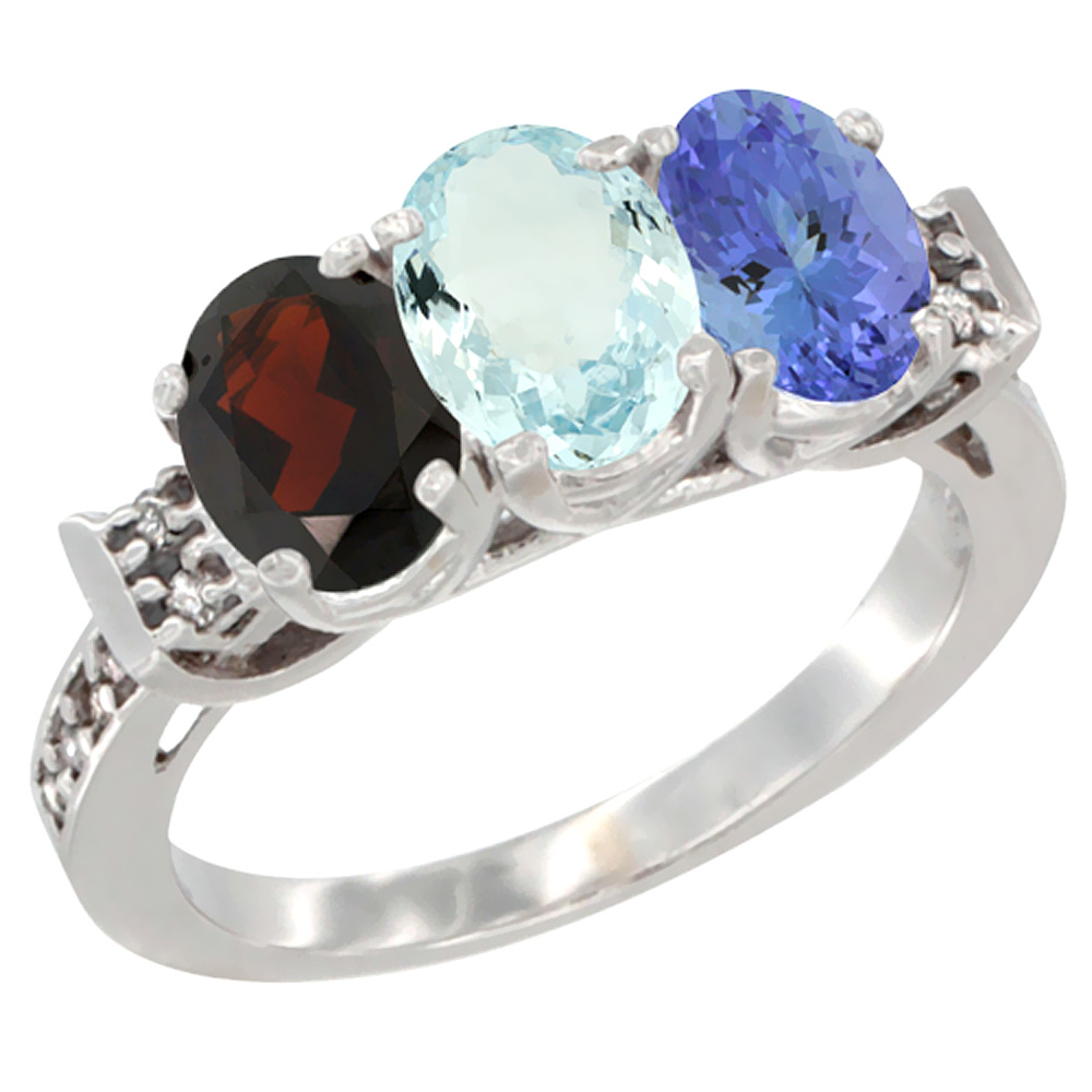 10K White Gold Natural Garnet, Aquamarine & Tanzanite Ring 3-Stone Oval 7x5 mm Diamond Accent, sizes 5 - 10