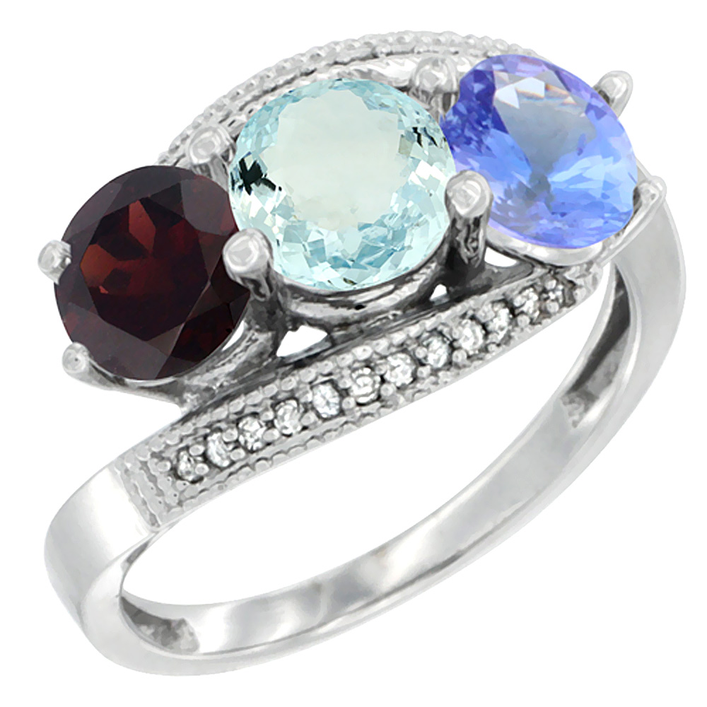 14K White Gold Natural Garnet, Aquamarine & Tanzanite 3 stone Ring Round 6mm Diamond Accent, sizes 5 - 10