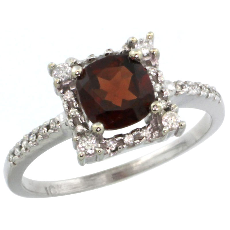 10k White Gold Natural Garnet Ring Cushion-cut 6x6mm Diamond Halo, sizes 5-10