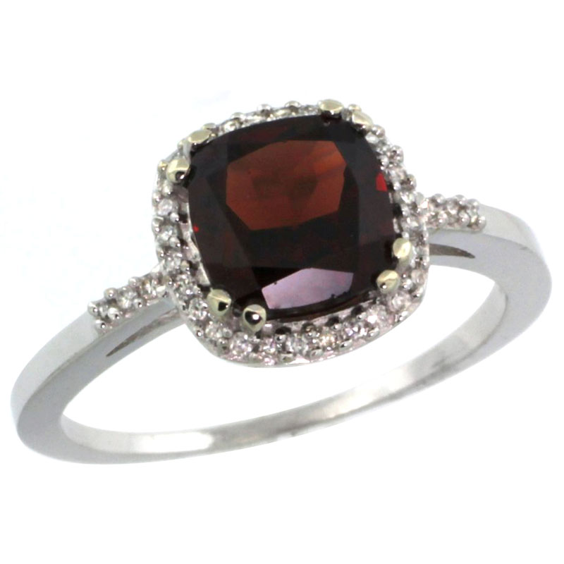 10K White Gold Diamond Natural Garnet Ring Cushion-cut 7x7mm, sizes 5-10