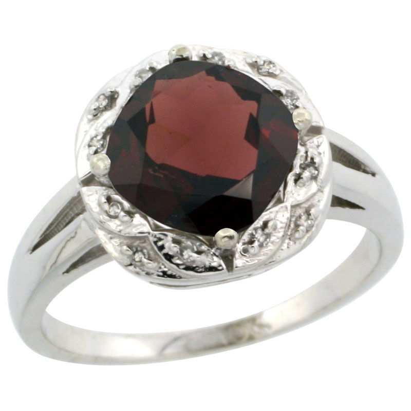 10k White Gold Natural Garnet Ring Cushion-cut 8x8mm Diamond Halo, sizes 5-10