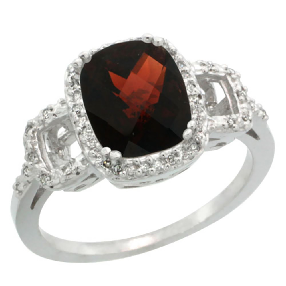 14K White Gold Diamond Natural Garnet Ring Cushion-cut 9x7mm, sizes 5-10