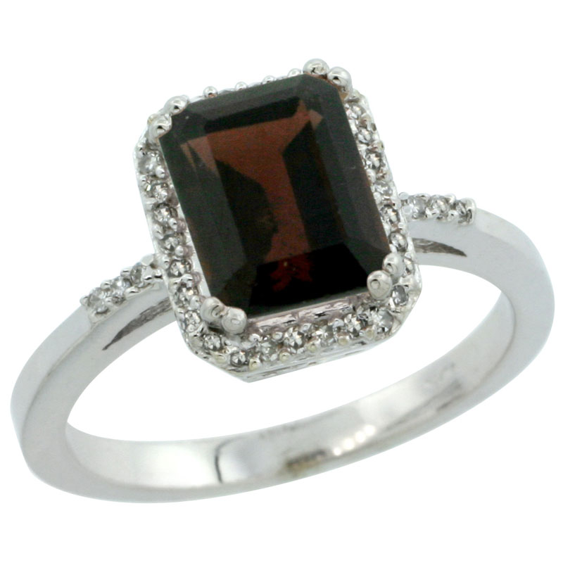 14K White Gold Diamond Natural Garnet Ring Emerald-cut 8x6mm, sizes 5-10