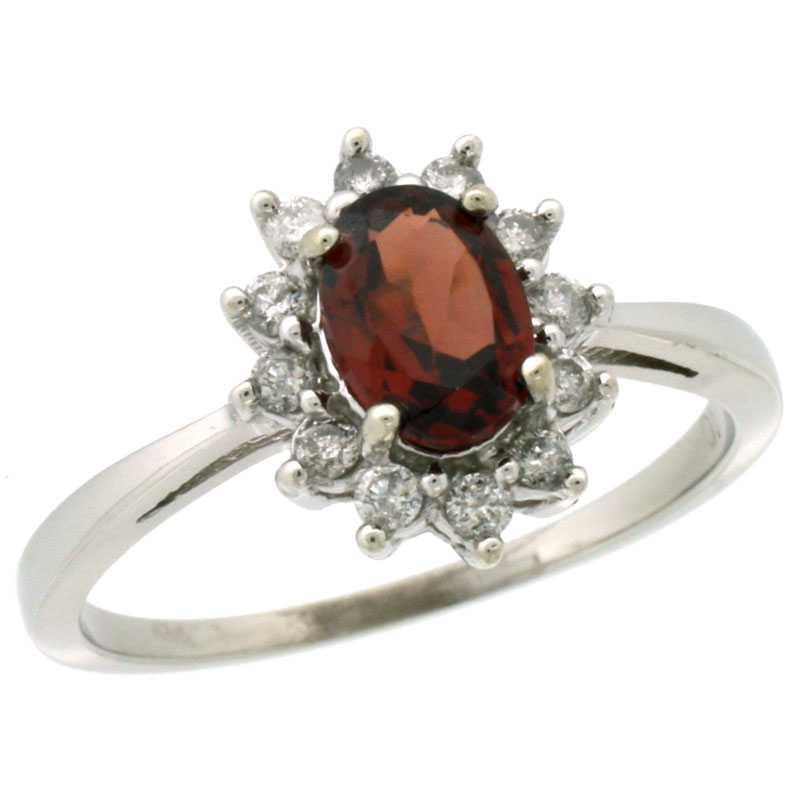 10k White Gold Natural Garnet Engagement Ring Oval 7x5mm Diamond Halo, sizes 5-10