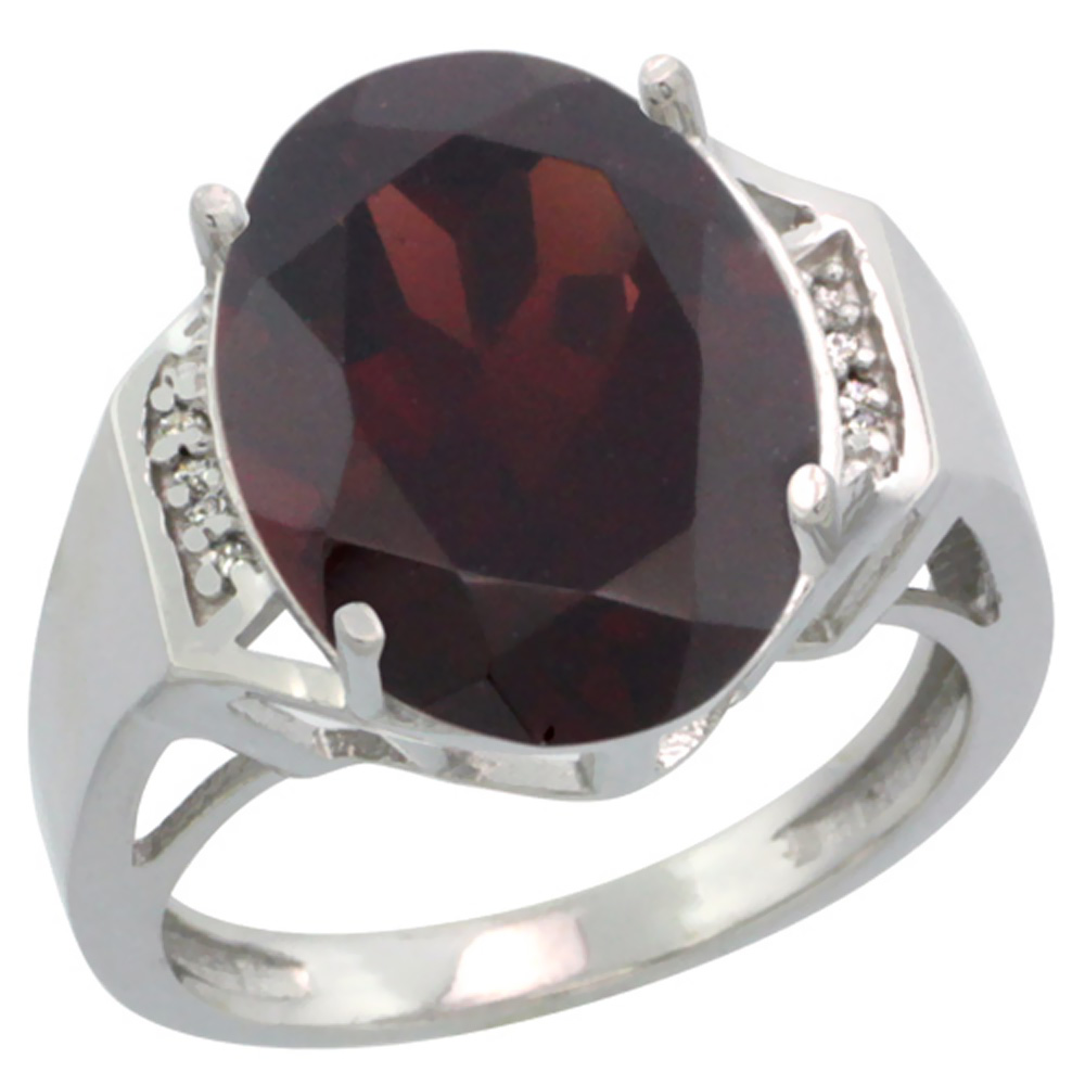 10K White Gold Diamond Natural Garnet Ring Oval 16x12mm, sizes 5-10