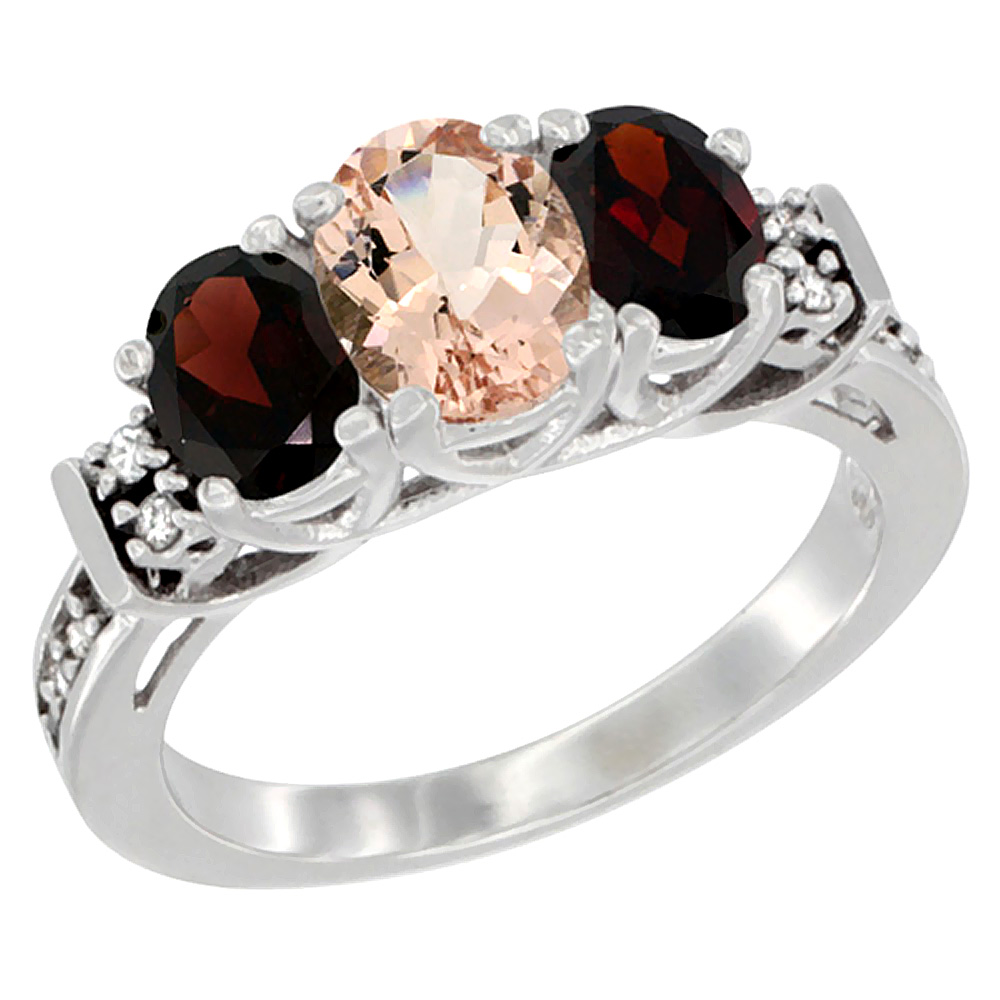 14K White Gold Natural Morganite & Garnet Ring 3-Stone Oval Diamond Accent, sizes 5-10