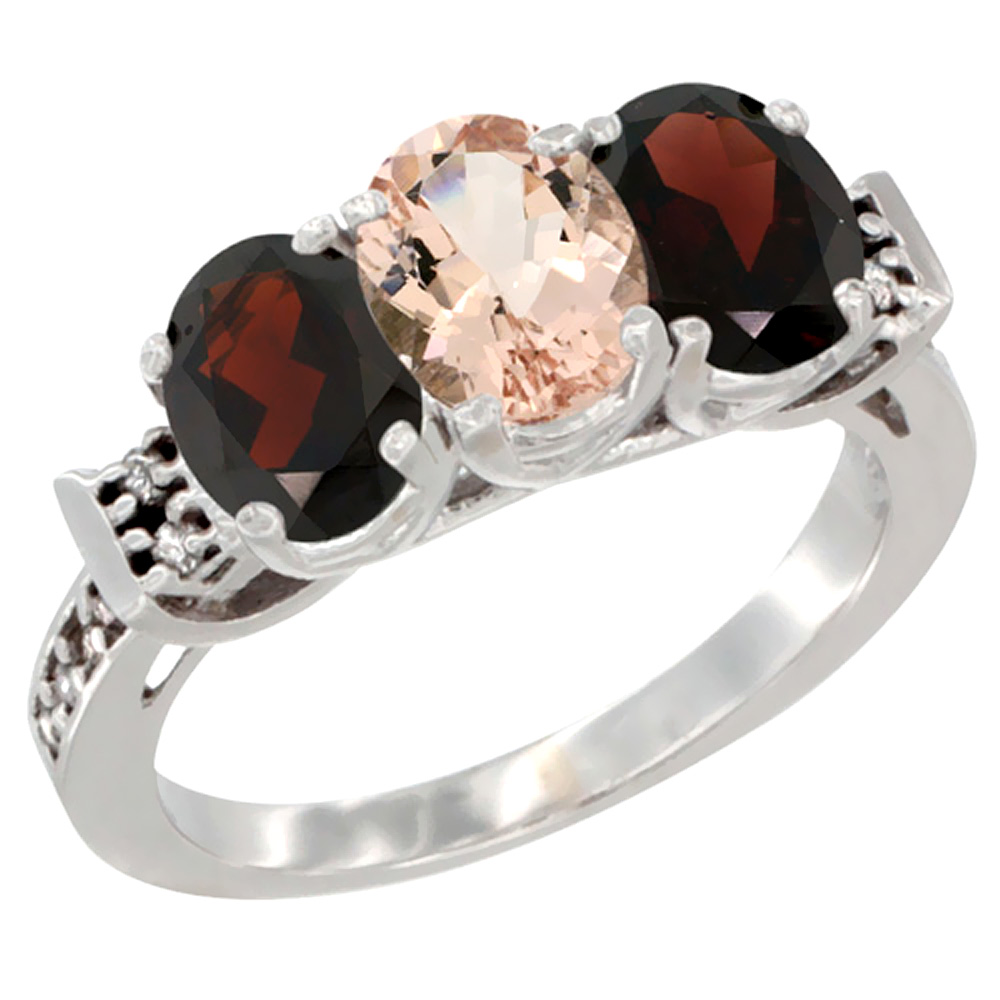 14K White Gold Natural Morganite & Garnet Sides Ring 3-Stone 7x5 mm Oval Diamond Accent, sizes 5 - 10