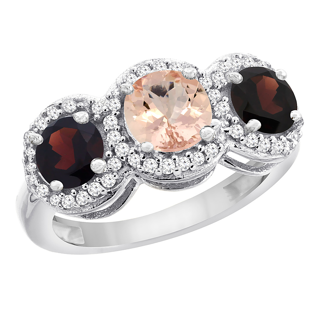10K White Gold Natural Morganite & Garnet Sides Round 3-stone Ring Diamond Accents, sizes 5 - 10