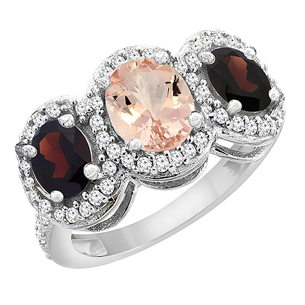 14K White Gold Natural Morganite & Garnet 3-Stone Ring Oval Diamond Accent, sizes 5 - 10