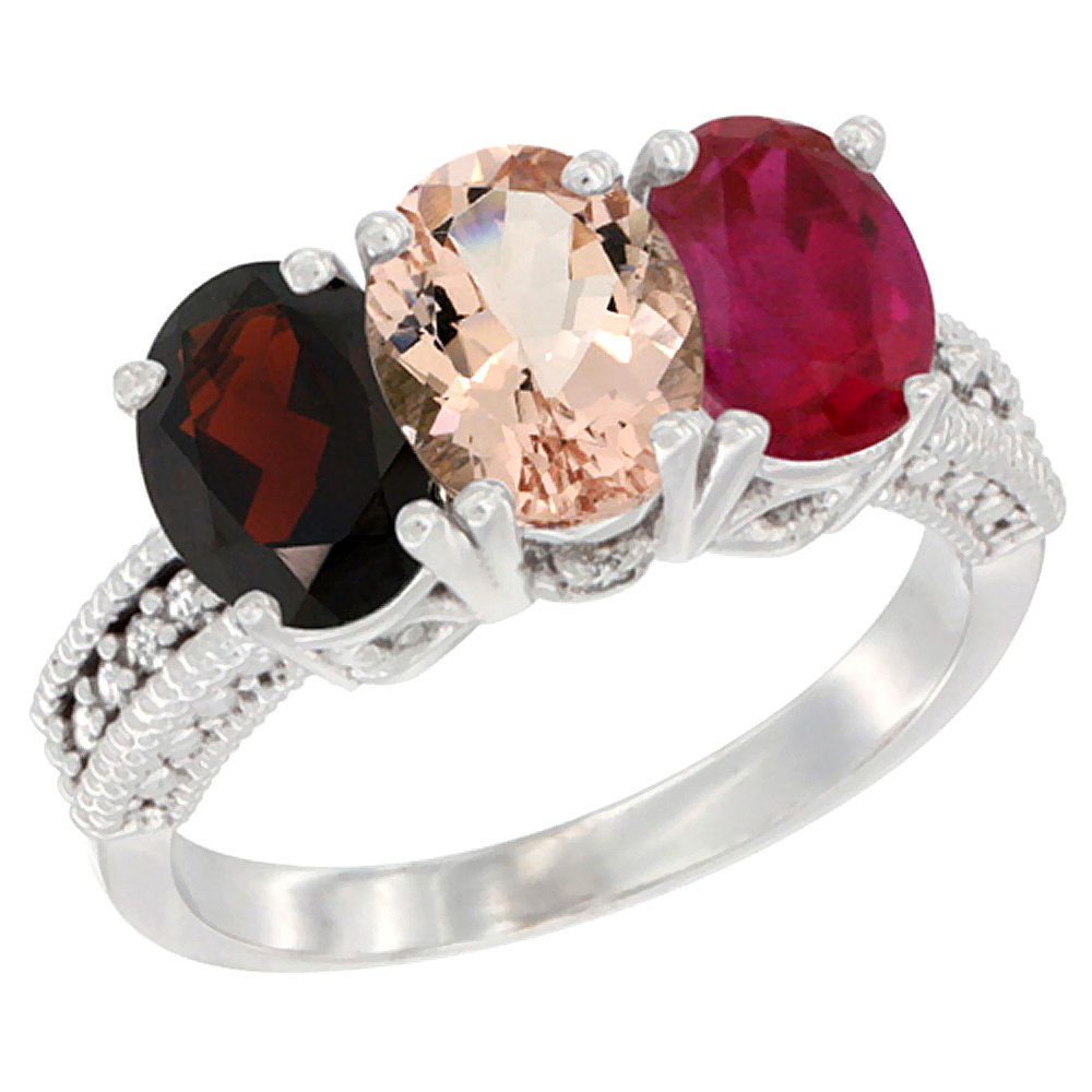 14K White Gold Natural Garnet, Morganite &amp; Enhanced Ruby Ring 3-Stone 7x5 mm Oval Diamond Accent, sizes 5 - 10