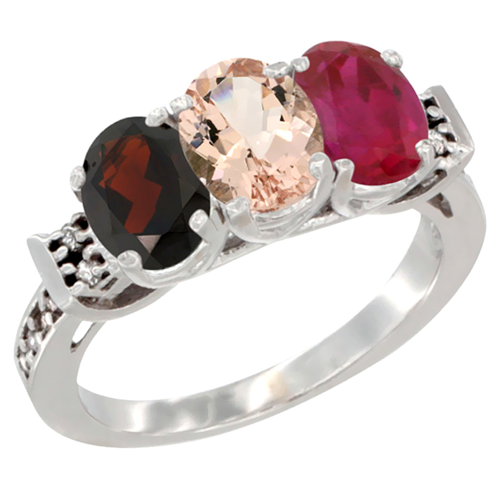 14K White Gold Natural Garnet, Morganite &amp; Enhanced Ruby Ring 3-Stone 7x5 mm Oval Diamond Accent, sizes 5 - 10