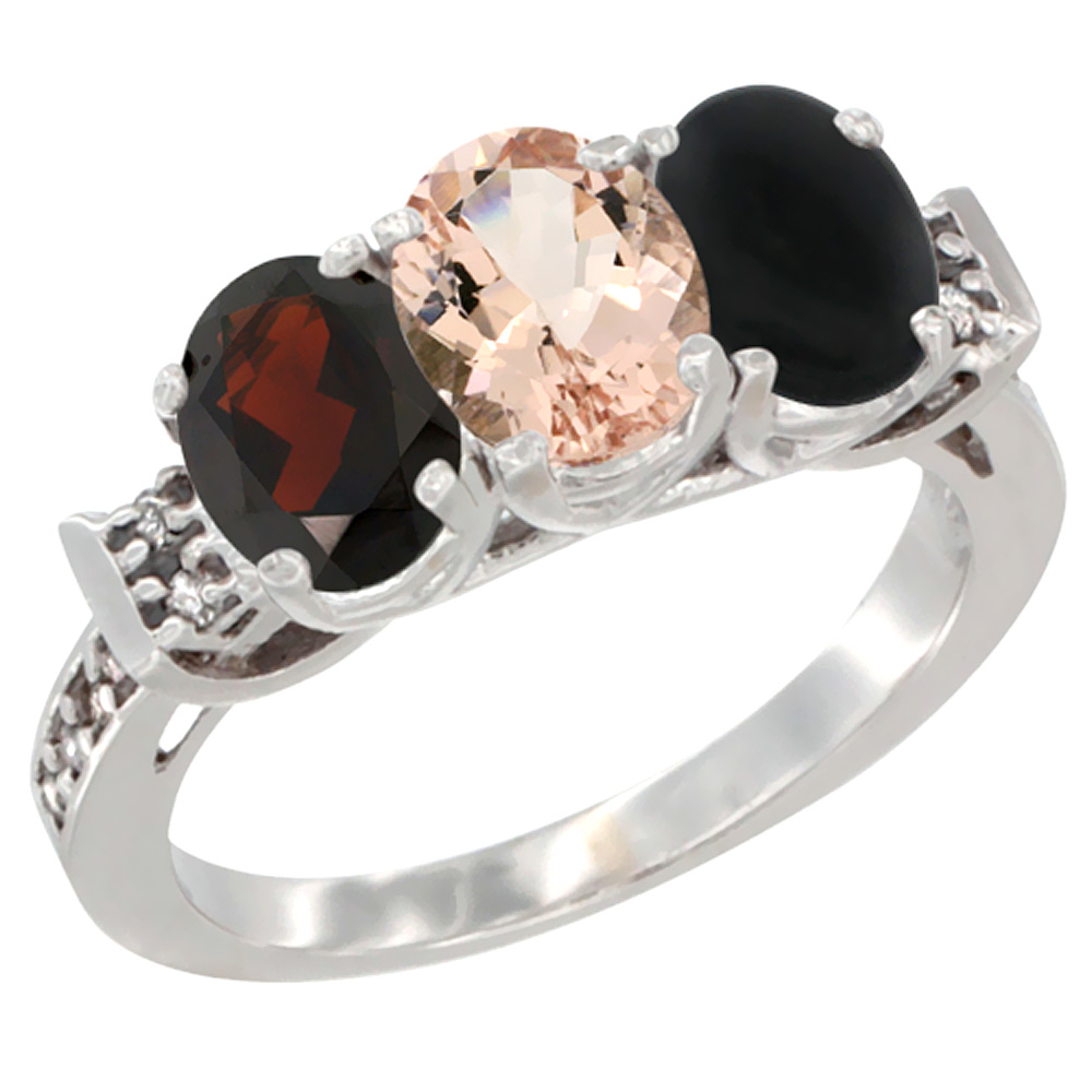 14K White Gold Natural Garnet, Morganite & Black Onyx Ring 3-Stone 7x5 mm Oval Diamond Accent, sizes 5 - 10