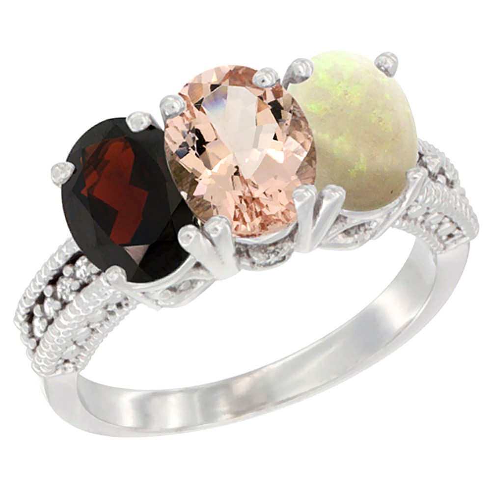 14K White Gold Natural Garnet, Morganite & Opal Ring 3-Stone 7x5 mm Oval Diamond Accent, sizes 5 - 10