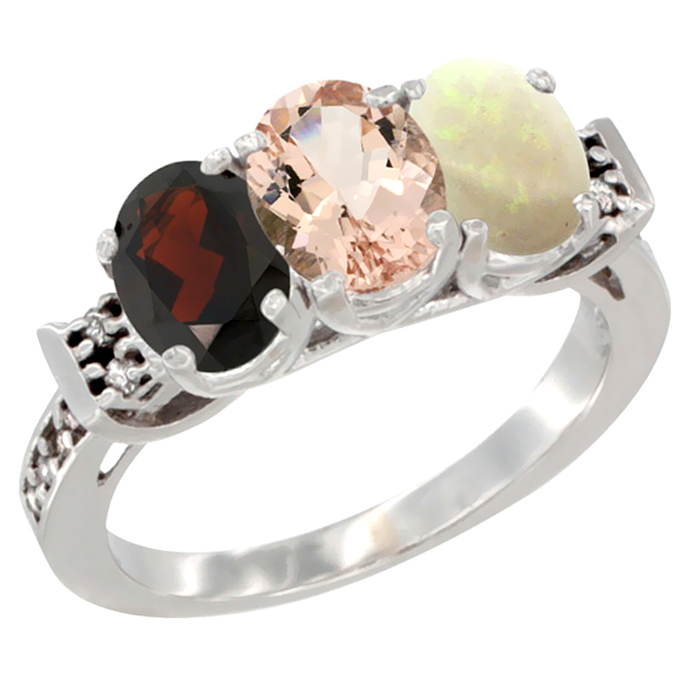 14K White Gold Natural Garnet, Morganite & Opal Ring 3-Stone 7x5 mm Oval Diamond Accent, sizes 5 - 10