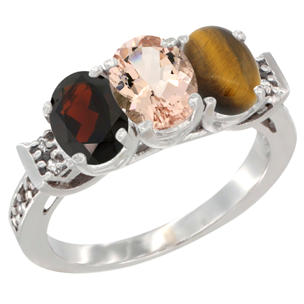 14K White Gold Natural Garnet, Morganite & Tiger Eye Ring 3-Stone 7x5 mm Oval Diamond Accent, sizes 5 - 10