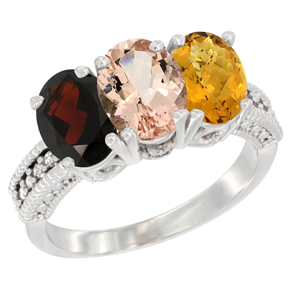 14K White Gold Natural Garnet, Morganite & Whisky Quartz Ring 3-Stone 7x5 mm Oval Diamond Accent, sizes 5 - 10