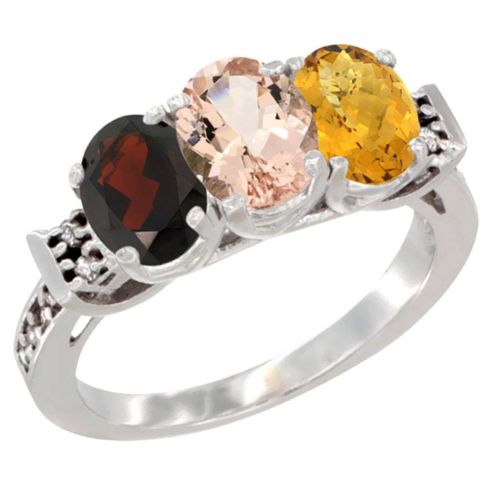 10K White Gold Natural Garnet, Morganite &amp; Whisky Quartz Ring 3-Stone Oval 7x5 mm Diamond Accent, sizes 5 - 10