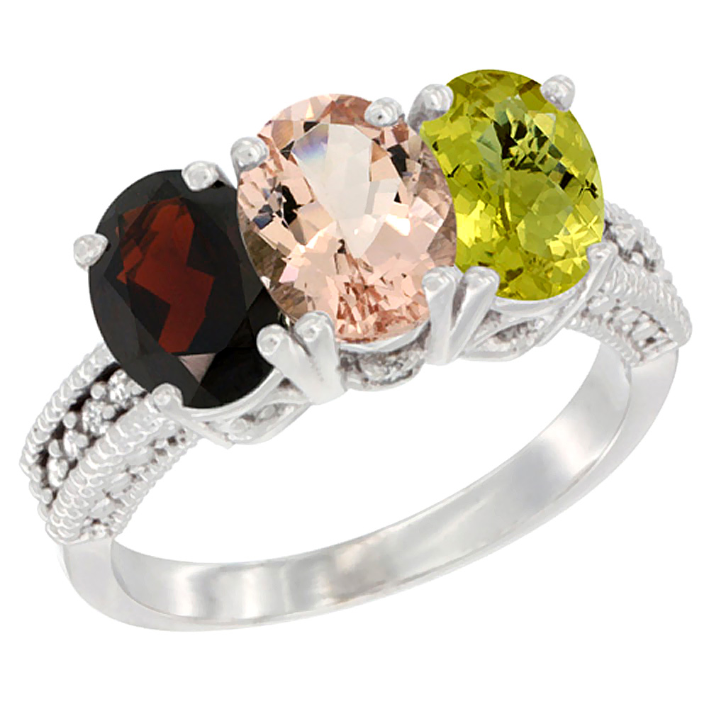 14K White Gold Natural Garnet, Morganite &amp; Lemon Quartz Ring 3-Stone 7x5 mm Oval Diamond Accent, sizes 5 - 10