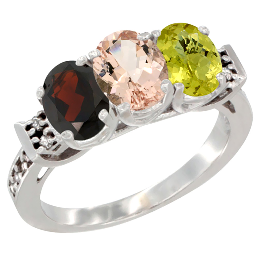 14K White Gold Natural Garnet, Morganite &amp; Lemon Quartz Ring 3-Stone 7x5 mm Oval Diamond Accent, sizes 5 - 10