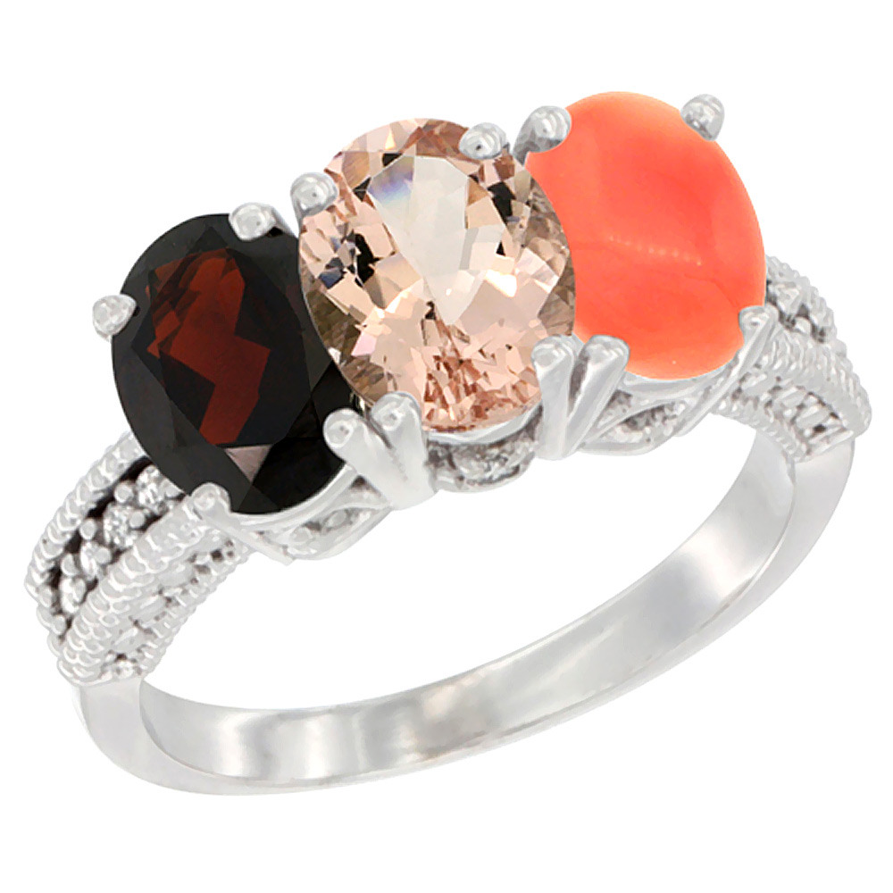 14K White Gold Natural Garnet, Morganite & Coral Ring 3-Stone 7x5 mm Oval Diamond Accent, sizes 5 - 10