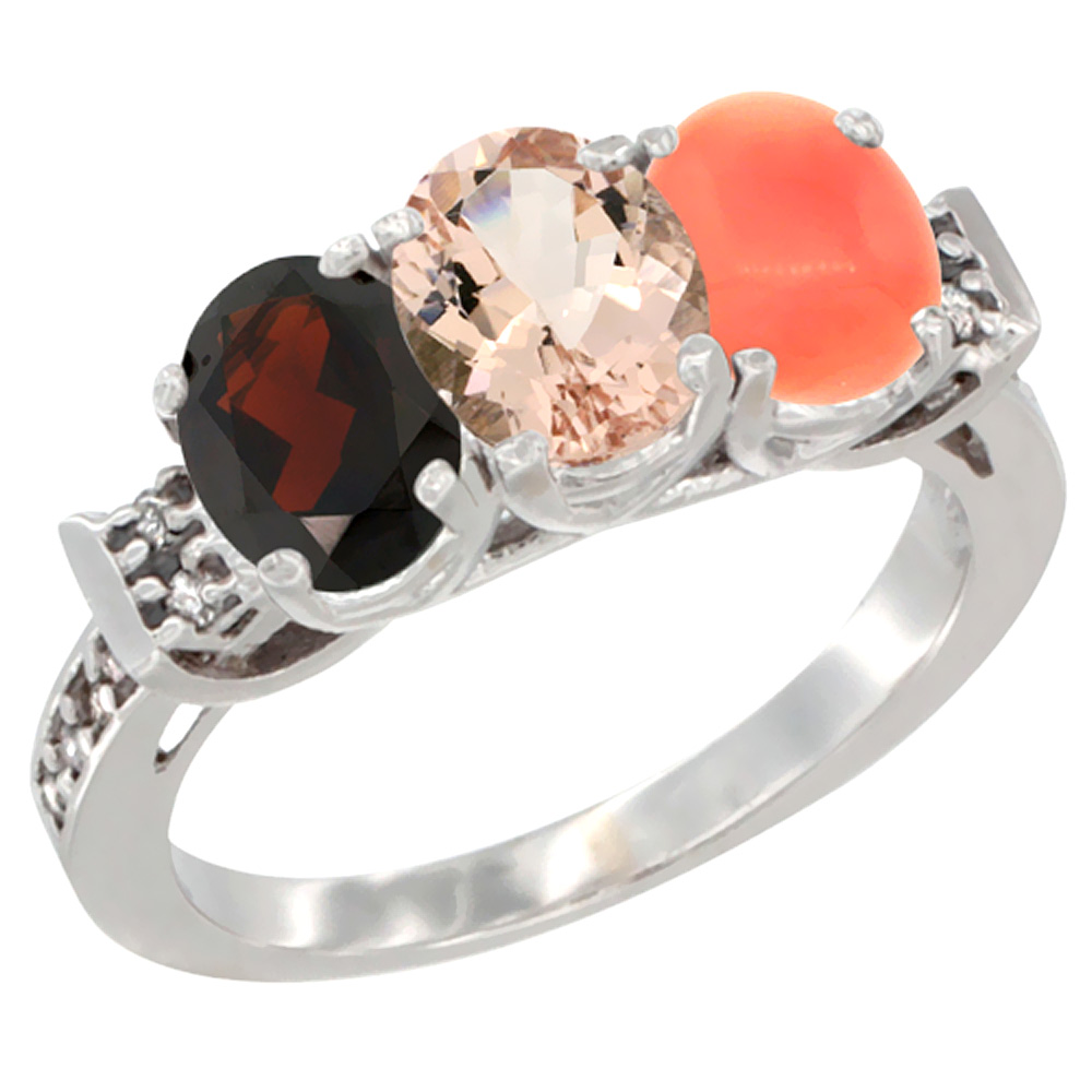 10K White Gold Natural Garnet, Morganite & Coral Ring 3-Stone Oval 7x5 mm Diamond Accent, sizes 5 - 10