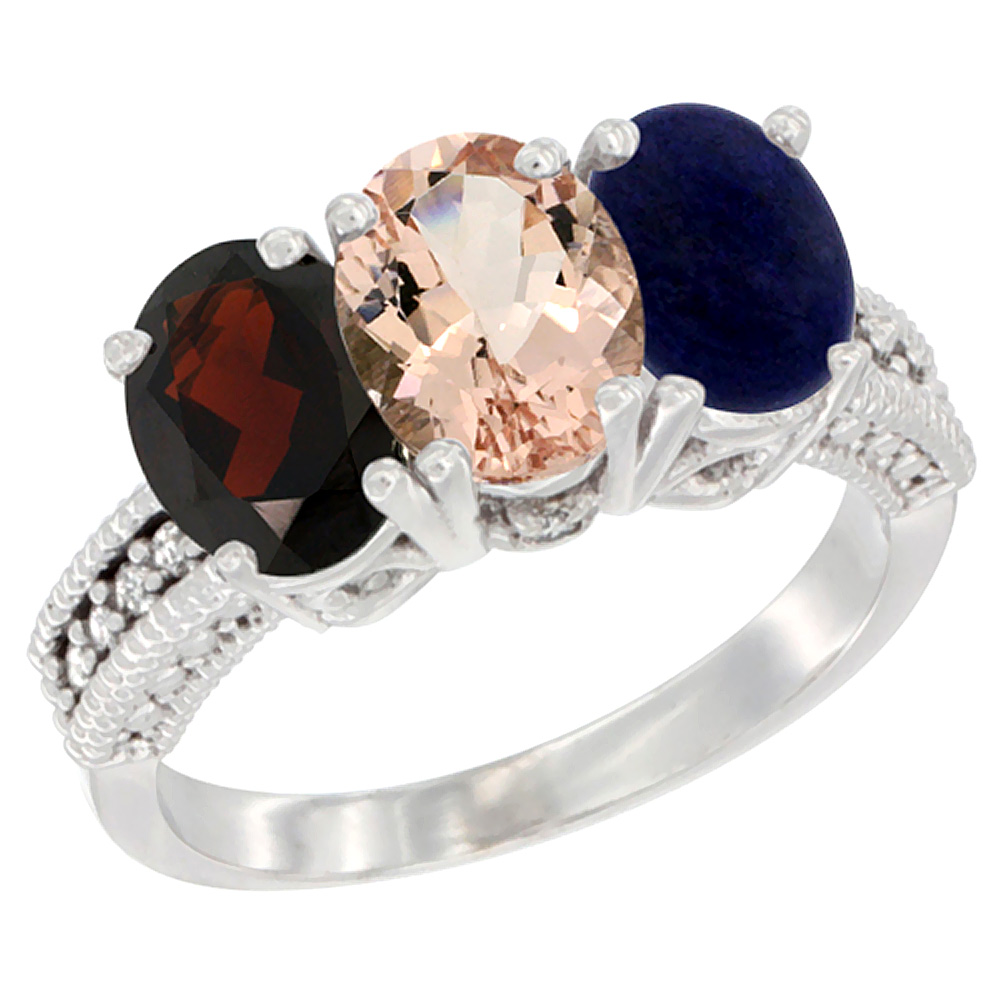 10K White Gold Natural Garnet, Morganite & Lapis Ring 3-Stone Oval 7x5 mm Diamond Accent, sizes 5 - 10