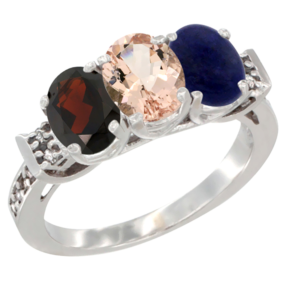 14K White Gold Natural Garnet, Morganite & Lapis Ring 3-Stone 7x5 mm Oval Diamond Accent, sizes 5 - 10