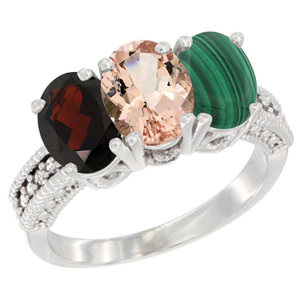 14K White Gold Natural Garnet, Morganite &amp; Malachite Ring 3-Stone 7x5 mm Oval Diamond Accent, sizes 5 - 10