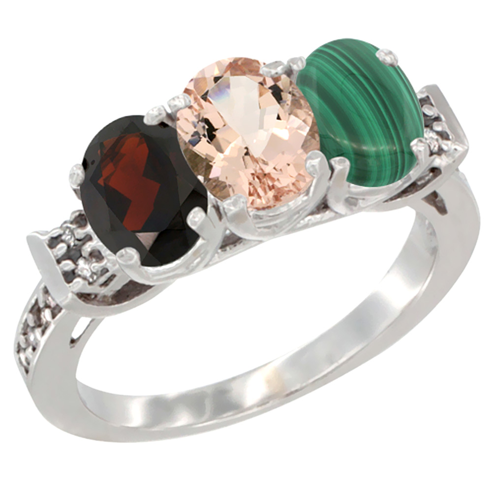 10K White Gold Natural Garnet, Morganite &amp; Malachite Ring 3-Stone Oval 7x5 mm Diamond Accent, sizes 5 - 10