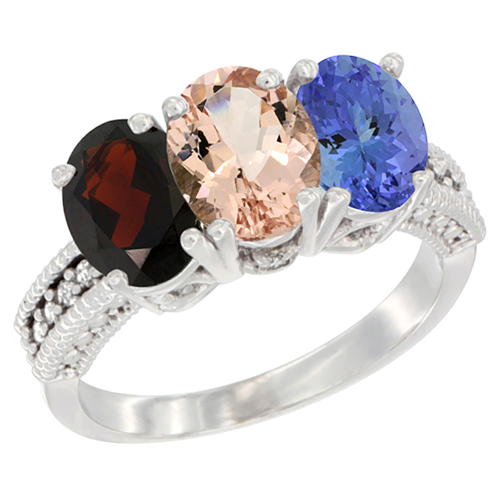 14K White Gold Natural Garnet, Morganite & Tanzanite Ring 3-Stone 7x5 mm Oval Diamond Accent, sizes 5 - 10