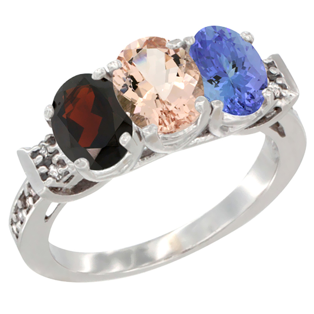 14K White Gold Natural Garnet, Morganite &amp; Tanzanite Ring 3-Stone 7x5 mm Oval Diamond Accent, sizes 5 - 10