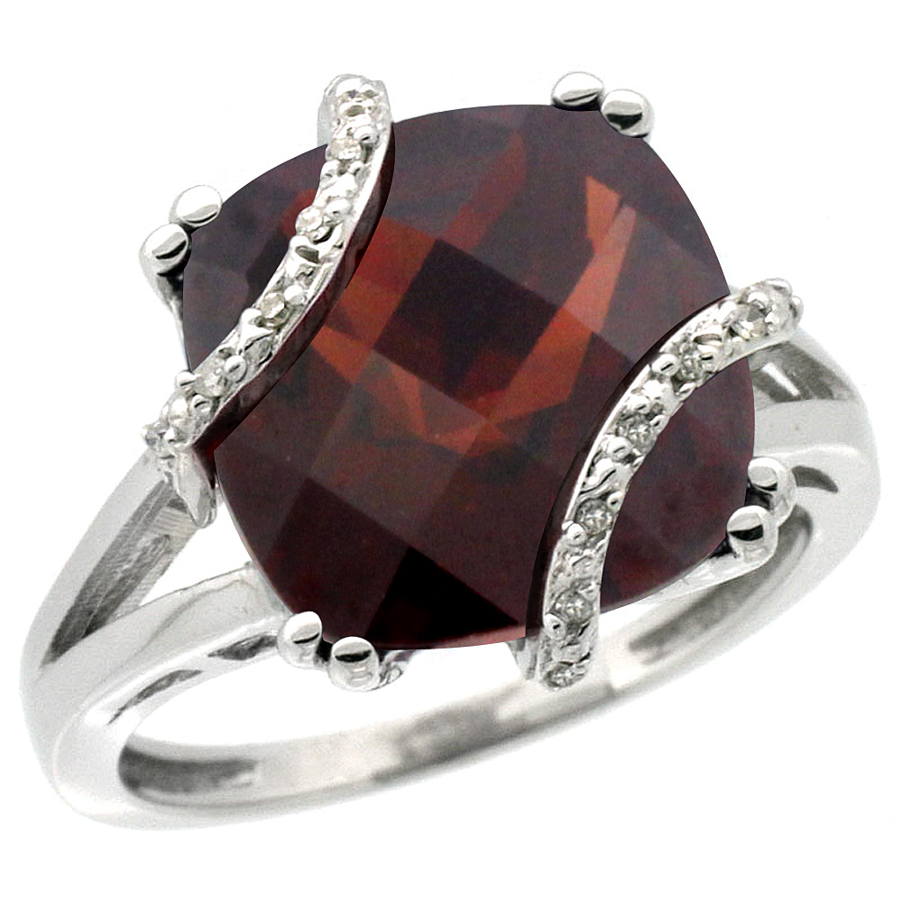 14K White Gold Natural Garnet Ring Cushion-cut 12x12mm Diamond Accent, sizes 5-10