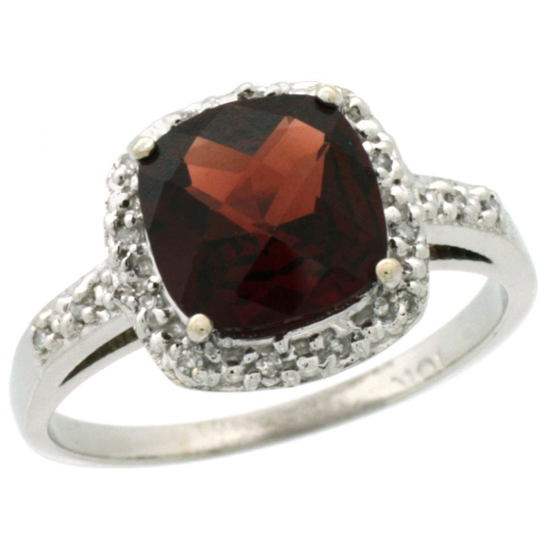 10K White Gold Diamond Natural Garnet Ring Cushion-cut 8x8 mm, sizes 5-10