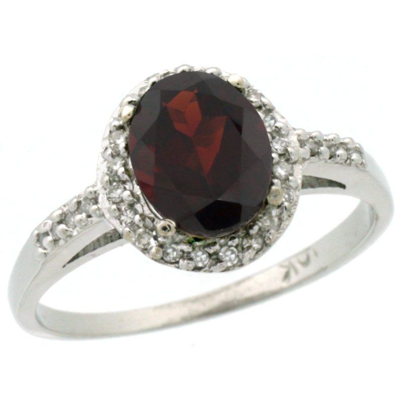 10K White Gold Diamond Natural Garnet Ring Oval 8x6mm, sizes 5-10