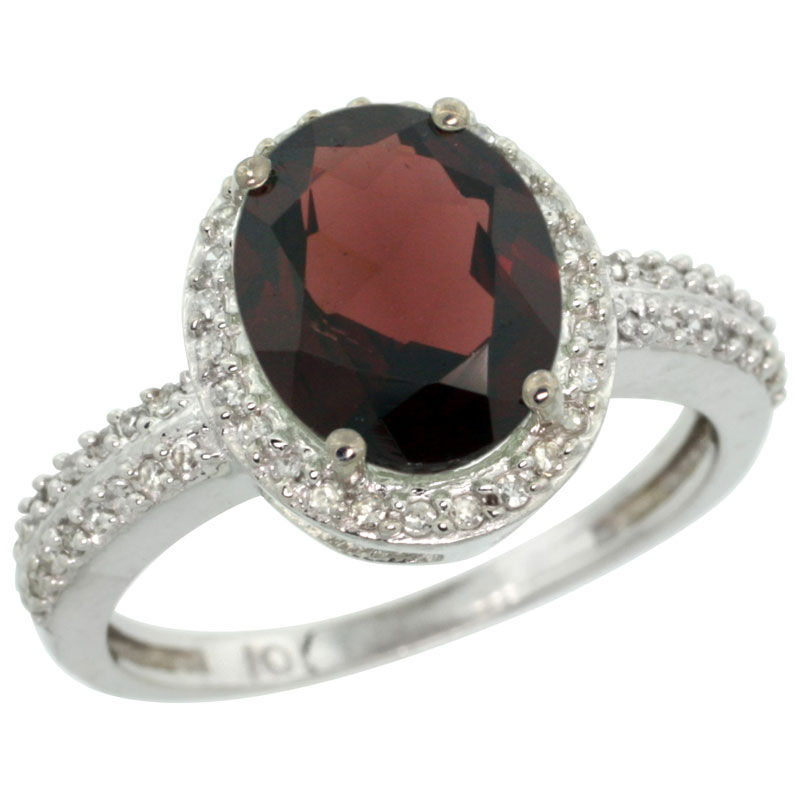 10K White Gold Diamond Natural Garnet Engagement Ring Oval 10x8mm, sizes 5-10