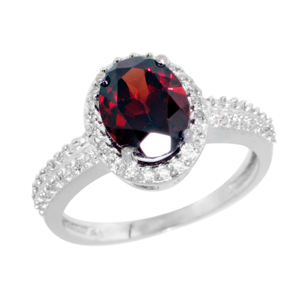 10K White Gold Diamond Natural Garnet Ring Oval 9x7mm, sizes 5-10