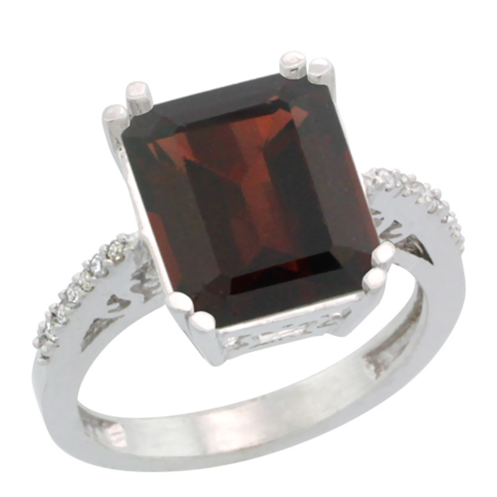 14K White Gold Diamond Natural Garnet Ring Emerald-cut 12x10mm, sizes 5-10